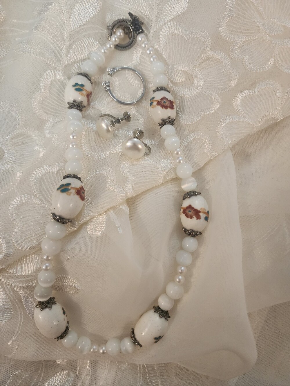 Vintage Jewelry Set, Ceramic & Pearl Necklace, Screw-Back Earrings & Accent Ring
